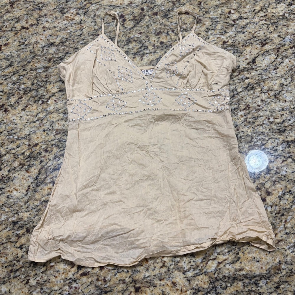 MKM Designs Tan Cotton Sequin Boho Cami Top Large V-Neck Y2K Sleeveless Tank
